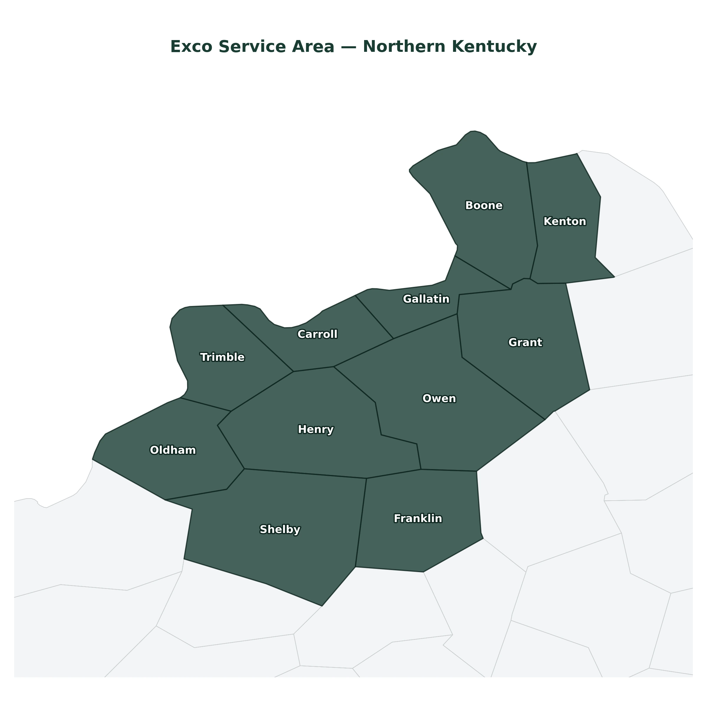 Map of Exco service area counties in Northern Kentucky: Boone, Kenton, Grant, Gallatin, Owen, Carroll, Trimble, Henry, Shelby, Franklin, and Oldham counties